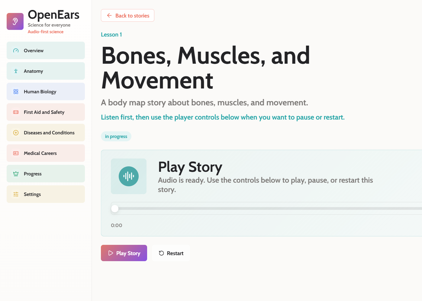 The OpenEars desktop app playing the lesson Bones, Muscles, and Movement, with a sidebar of story sections and large play and restart buttons